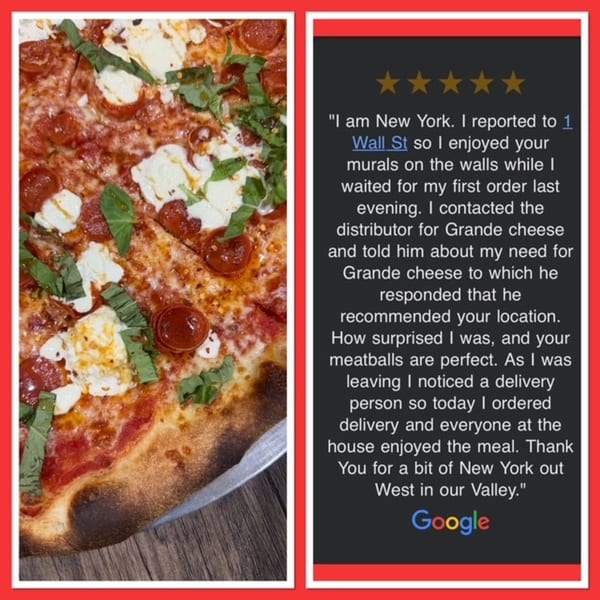 Close-up of a Mia Ava East Coast Pizza with pepperoni, ricotta cheese, and basil.