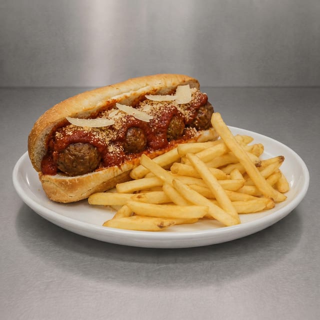 Meatball Parmigiana Sandwich With Fries..