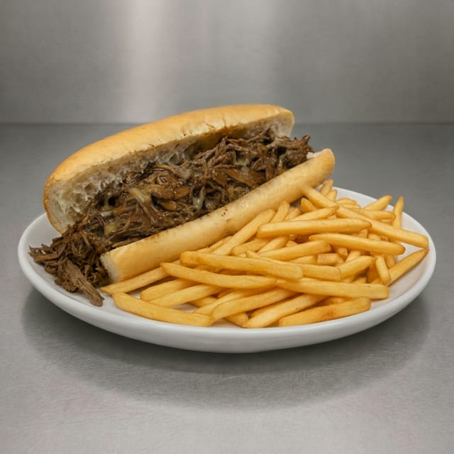 Philly Cheesesteak Provo or Cheese Sauce Sandwich On Armoroso Roll With Fries.